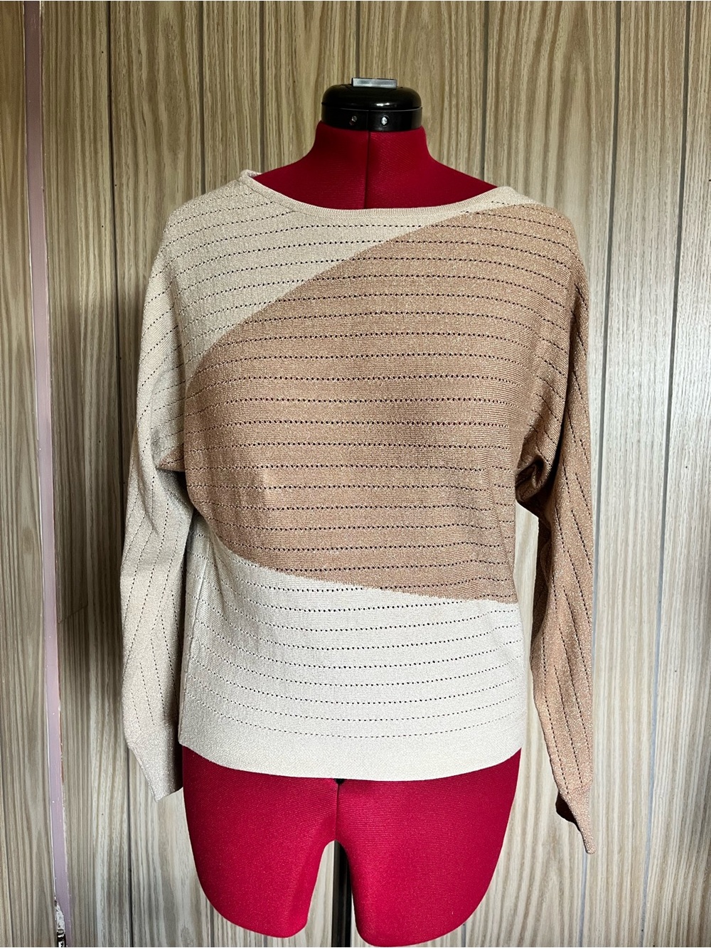 Madison + Hudson Metallic Knit Colorblock Neutral Beige Shimmer Sweater XL